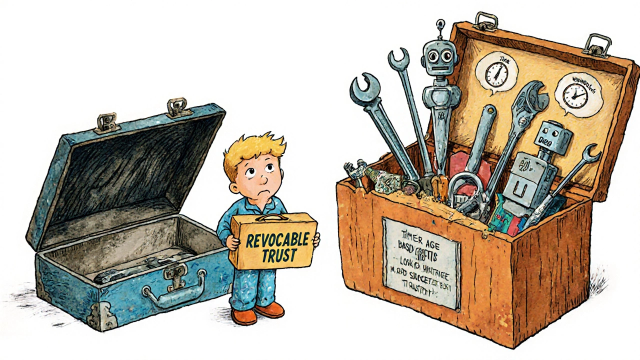 A child holding a full trust toolbox with tools for managing inheritance, next to an empty TOD toolbox, symbolizing long-term planning.