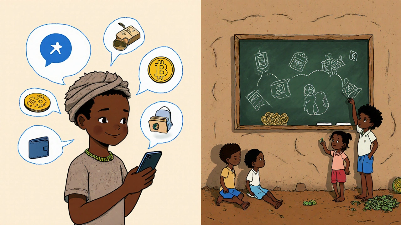 A Kenyan farmer sending crypto via SMS, turning digital coins into seeds and groceries, with children learning from a chalkboard.