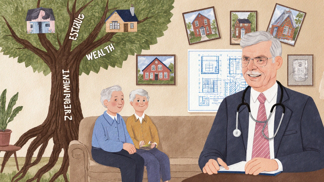 A kind advisor helping an older couple with family documents and a wealth tree in a cozy room.