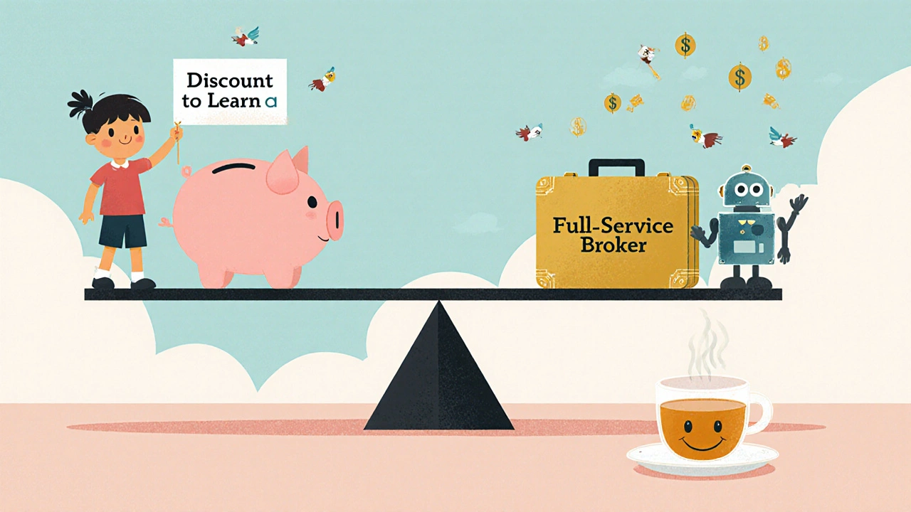 A seesaw balancing discount and full-service brokers, with a child on each side and a smiling robot nearby.