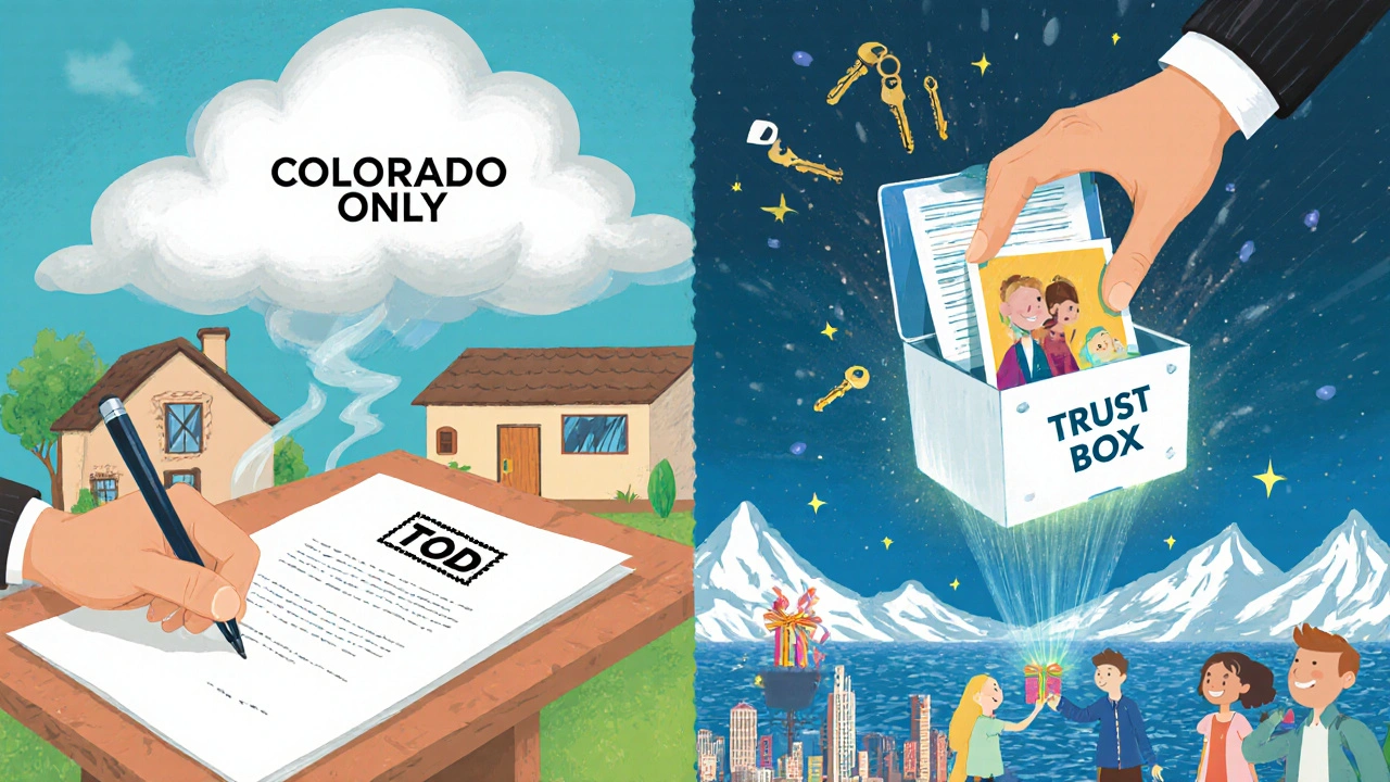 A split cartoon scene: one side shows a limited TOD deed failing in another state, while a glowing trust works everywhere with family receiving gifts.