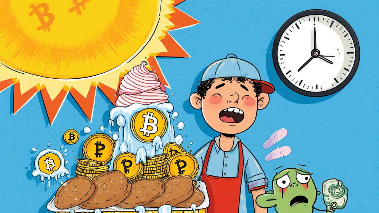 An Argentine shopkeeper pricing bread in Bitcoin as pesos melt in the sun, with a crying peso bill in the corner.