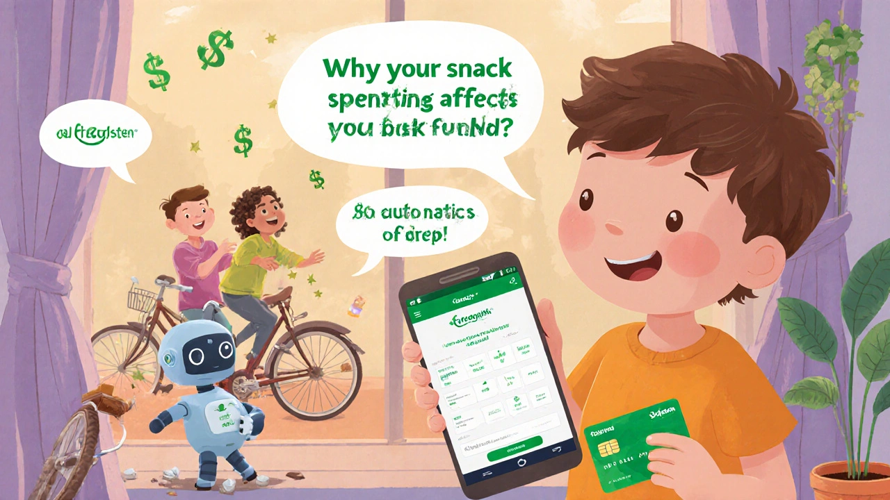 A child holds a digital debit card as a friendly robot explains how snack spending affects savings goals.