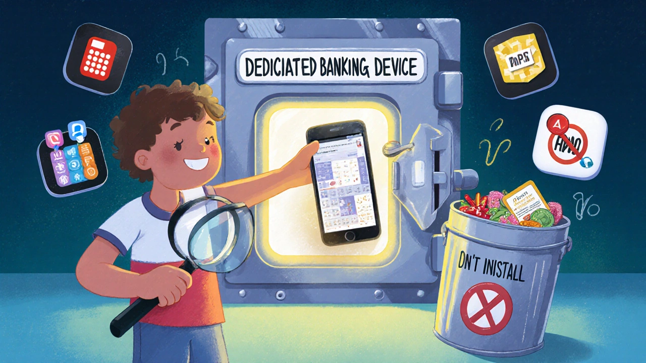 A child putting their phone in a secure vault while dangerous apps are thrown away in a trash can.