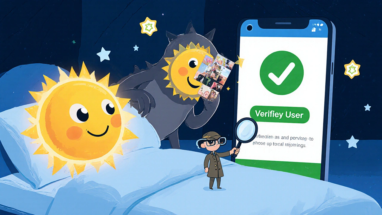 A friendly face scan icon catching a sneaky deepfake monster trying to trick a bank app with stolen photos.