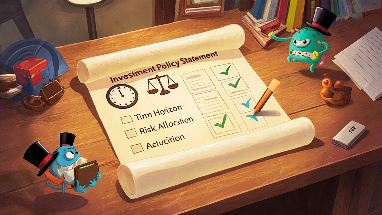 A glowing Investment Policy Statement scroll with icons, while tiny fee monsters are chased away by an eraser.