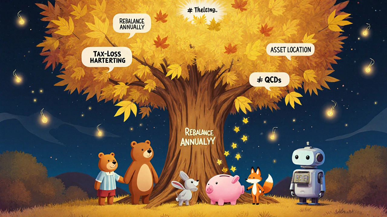 Animals gather around a tax tree with golden leaves falling into a piggy bank, while a robot watches from afar.