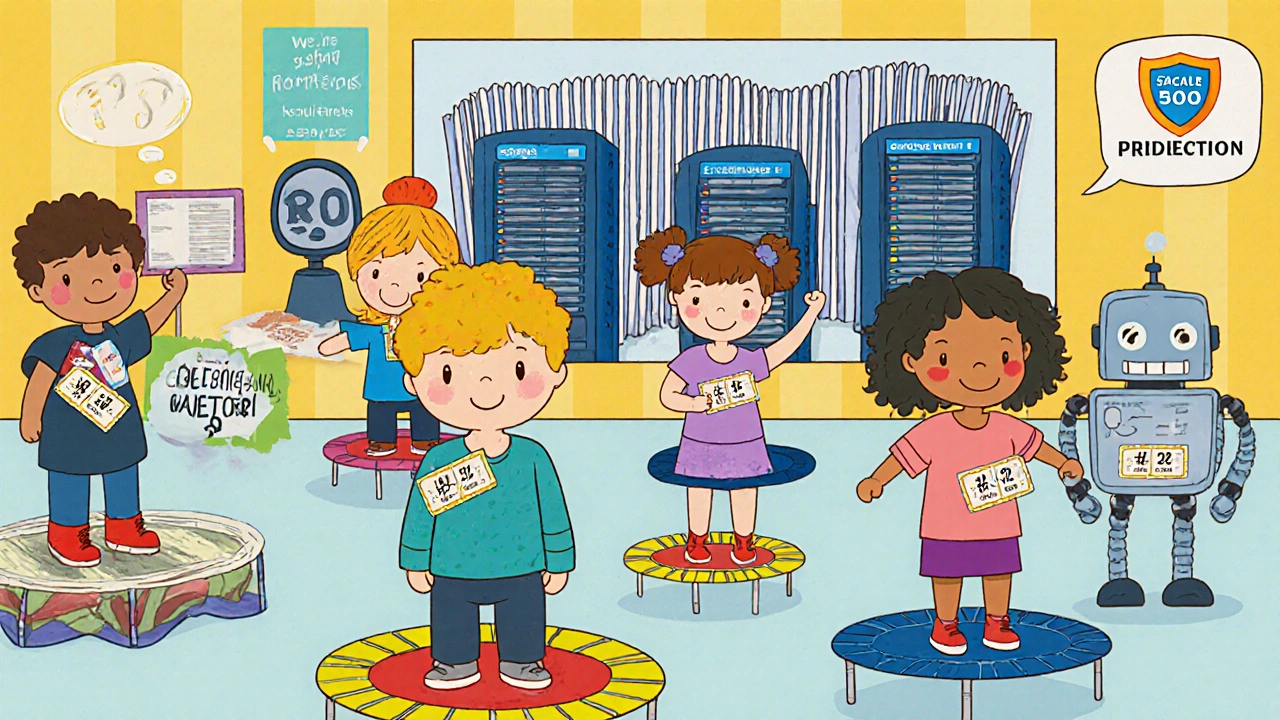 Children waiting calmly in a colorful virtual waiting room while servers scale up behind them.