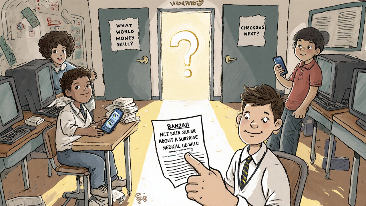 Kids explore real-life money scenarios on phones and paper, with outdated checkbooks discarded nearby.