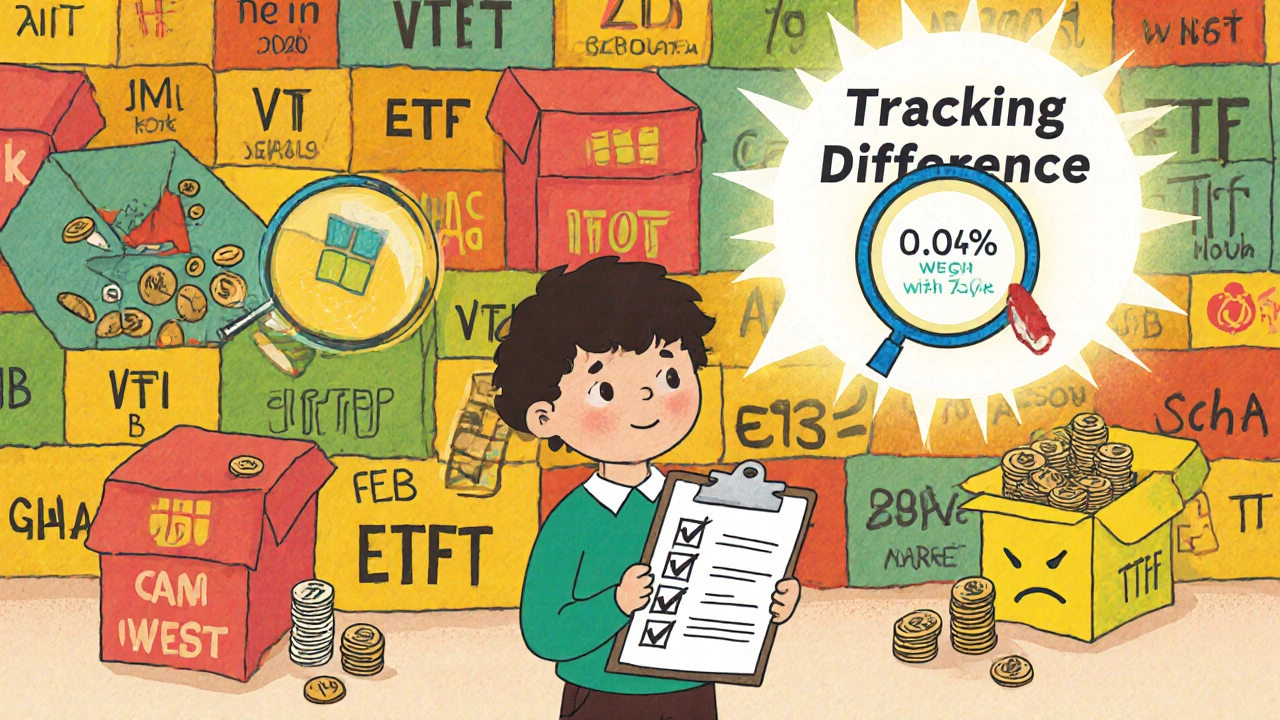 A child inspecting mismatched ETF boxes spilling different stocks, with a tracking difference sign above.