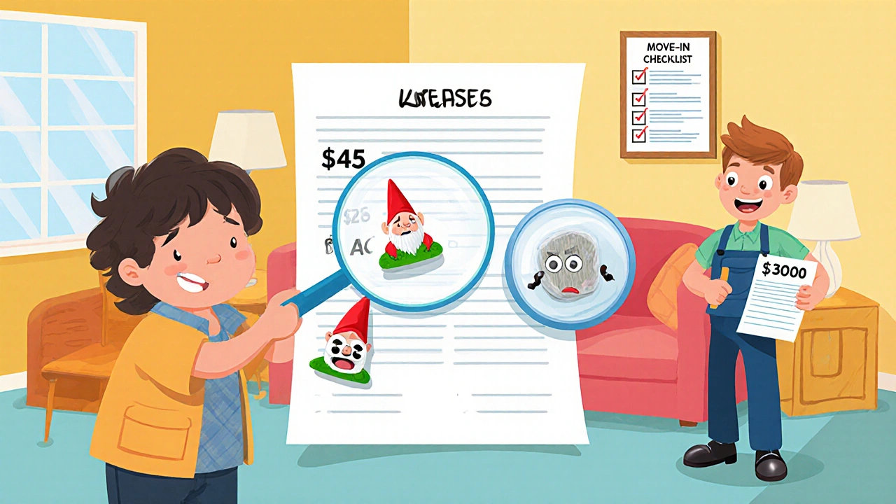 A child uses a magnifying glass to find hidden fees on a lease, illustrated with cartoon characters.