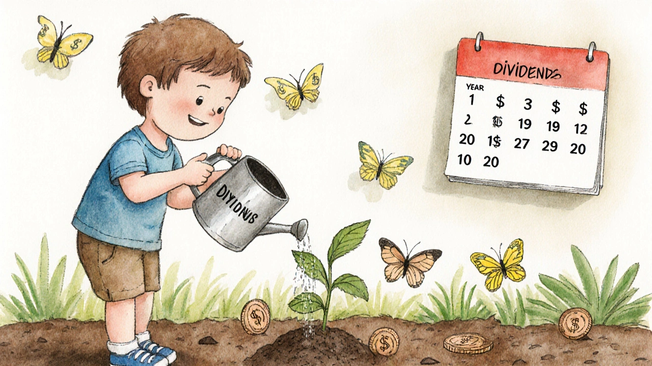 A child watering a growing plant that sprouts larger coins over time, showing yield-on-cost increasing.