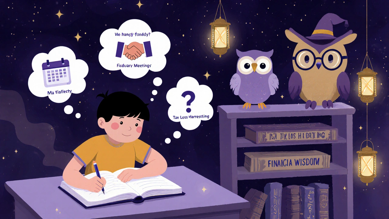 A child writes questions in a notebook as floating icons of financial concepts glow around them in a cozy room.