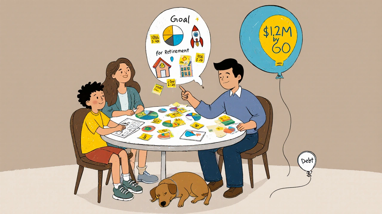A family reviews colorful financial goals and charts together at a round table with a sleeping dog nearby.