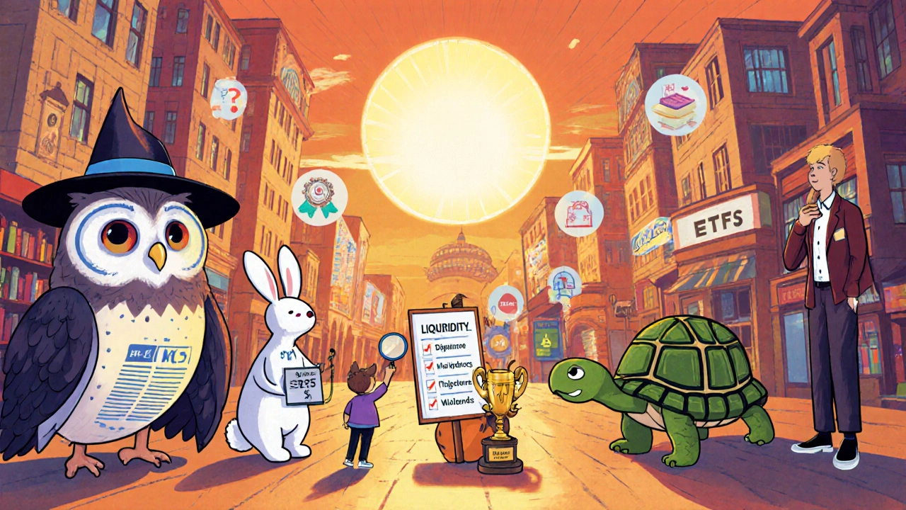 A financial marketplace with animal ETF characters and a child learning to check expense ratios and liquidity.