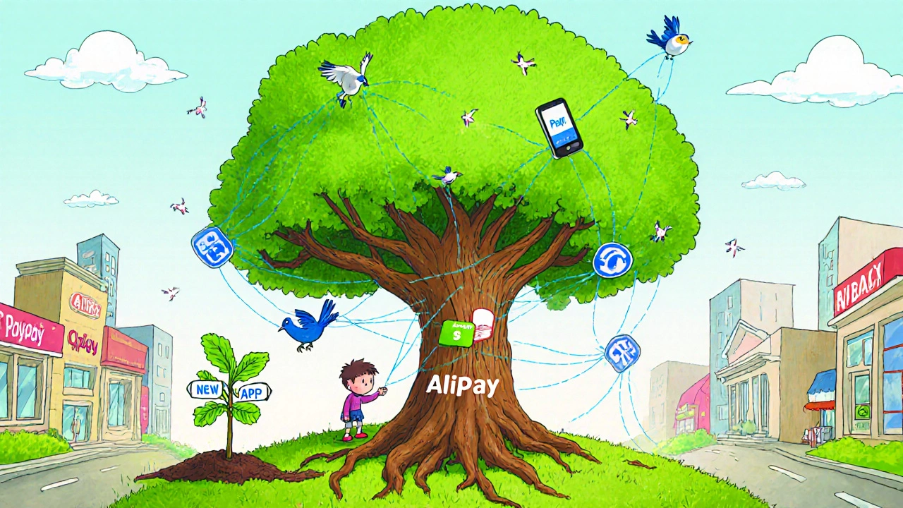 A giant tree with payment networks spreading through a city, overshadowing a small new sapling.