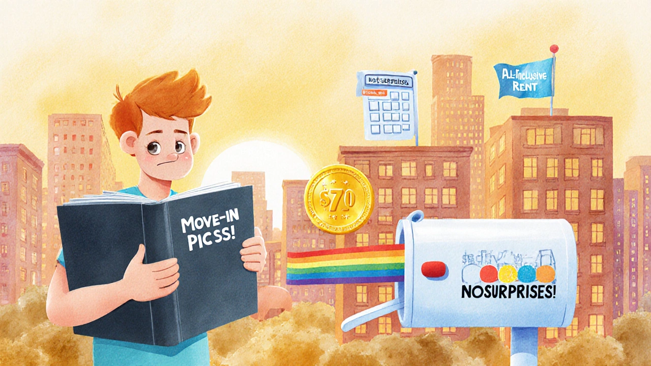 A renter returns a deposit coin while a city of all-inclusive homes glows in the sunset.