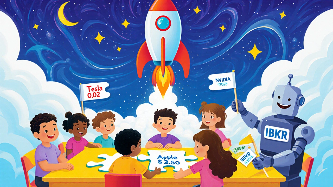 Kids fit colorful puzzle pieces together to build a rocket ship made of fractional investments.