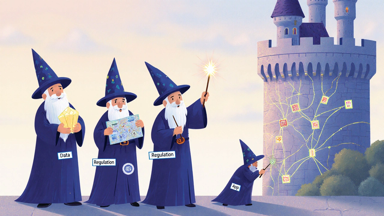 Three wizards with data, regulation, and distribution powers standing beside a strong castle.