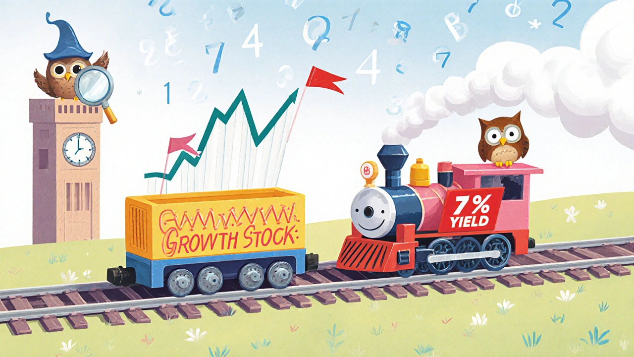 Two toy trains labeled Growth Stock and High Yield Stock racing on tracks with a wise owl watching.