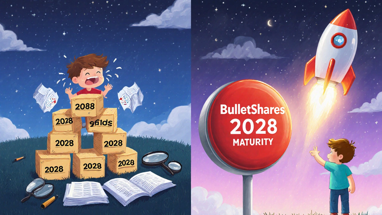 A child struggles with bond papers while another launches a smooth rocket labeled &#039;2028 Maturity&#039;.
