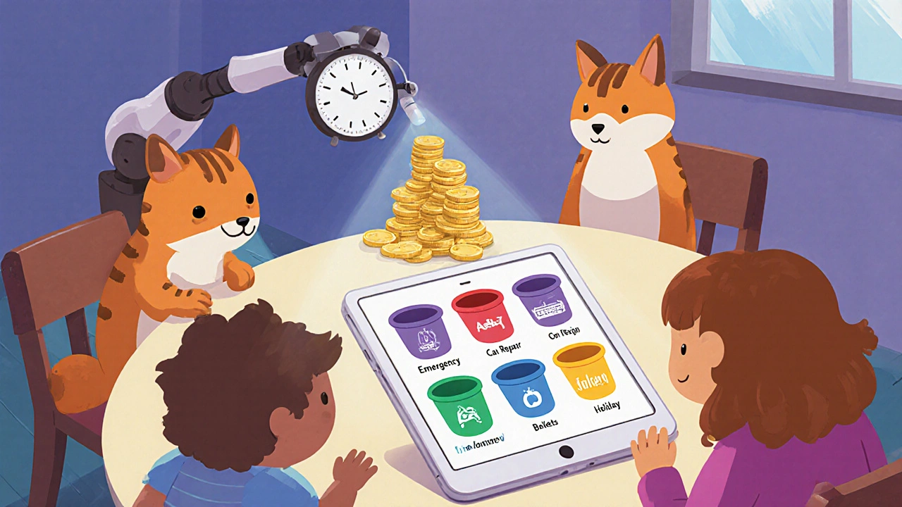 A family watches a tablet showing labeled savings buckets as a robot automatically adds money to the emergency bucket.