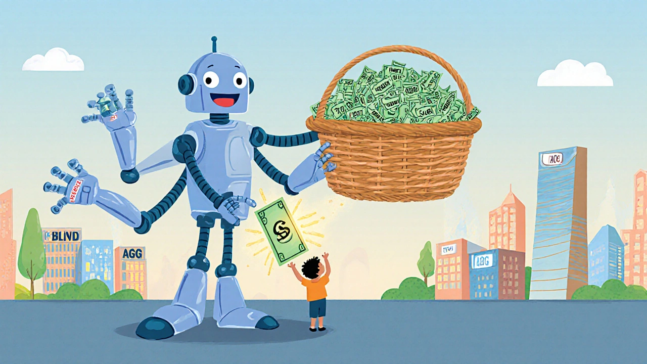 A robot carries a basket of many bonds while a child holds a glowing ETF share.
