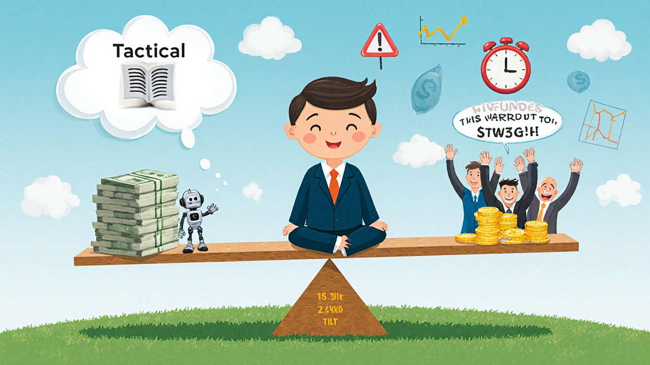 Calm investor on a seesaw with tactical and strategic assets, monthly clock and robot reading Fed speeches.