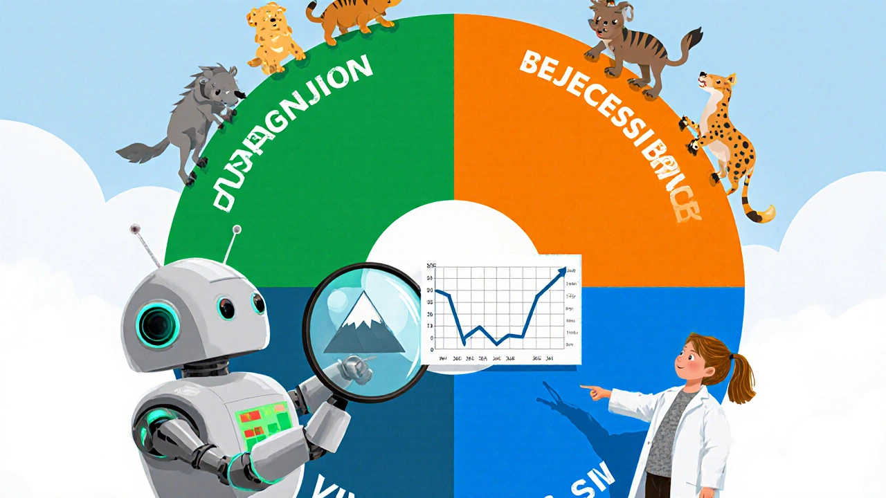 Robot and child balancing a market regime wheel with ETF animals and a rising VIX mountain.