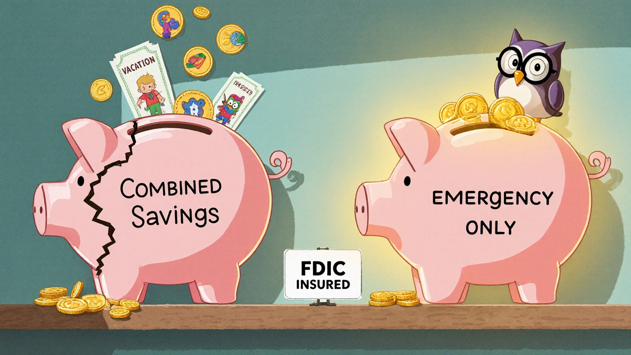 Two piggy banks: one broken and leaking money to fun items, the other intact and glowing with emergency savings.