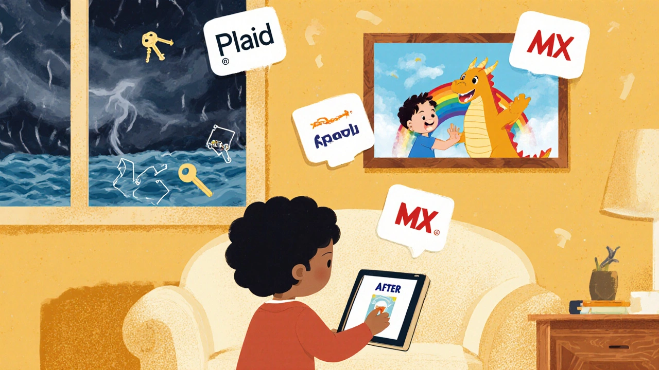 A child approves bank access via a pop-up on a tablet, with friendly fintech icons floating above and a rainbow symbolizing secure banking.