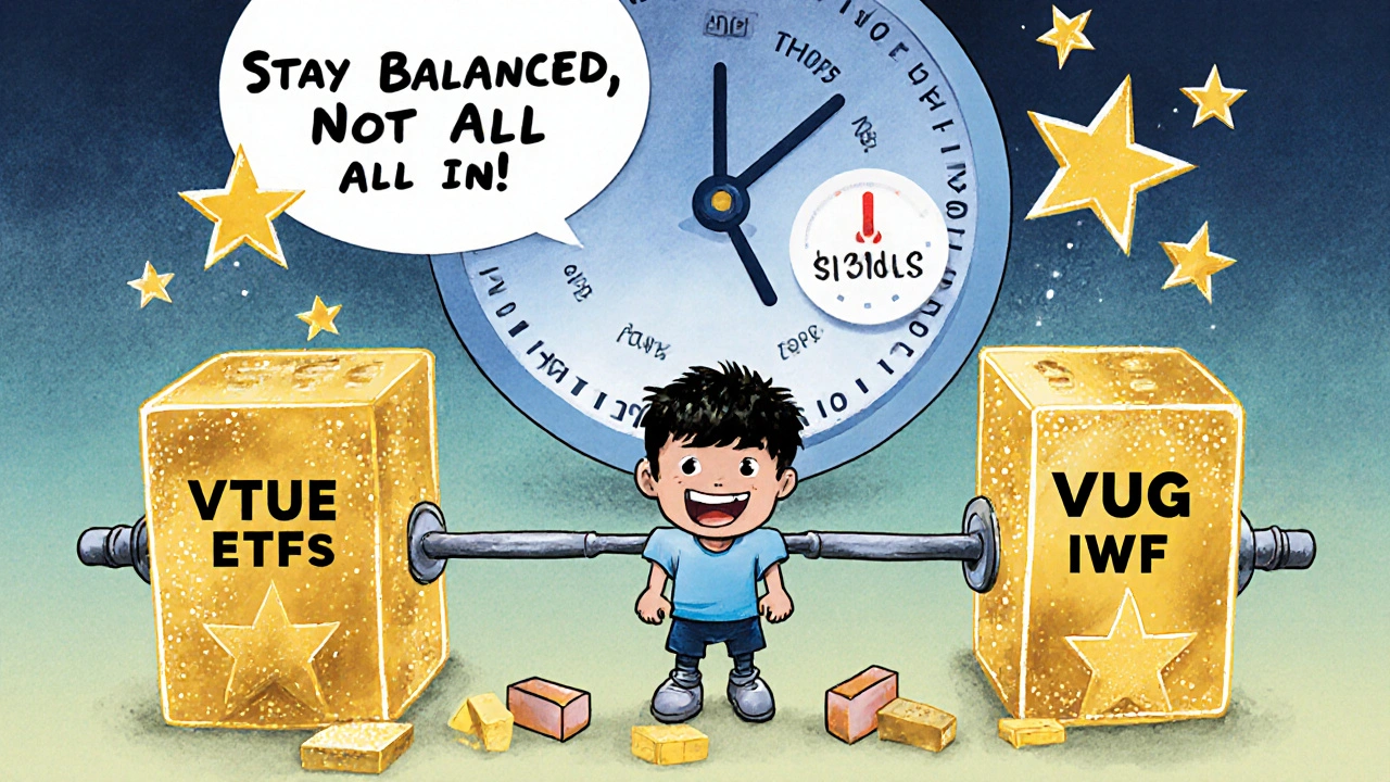 A child balances a barbell of value and growth ETFs while a clock shows the market shift from 2009 to 2025.