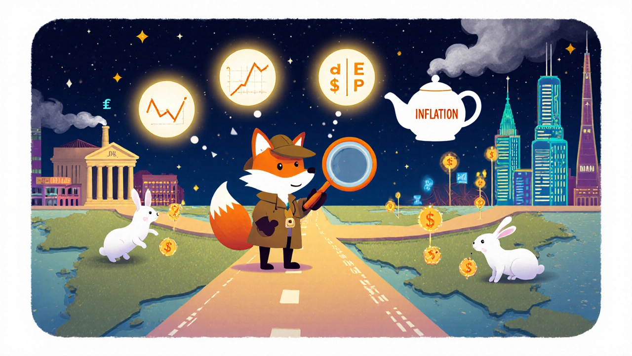 A fox detective examines four market signals on a stock map, guiding rabbits away from fading growth stocks.
