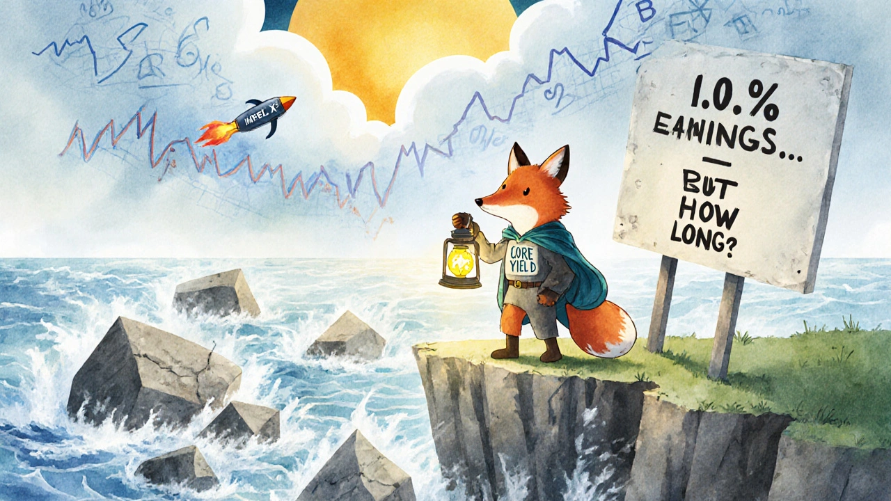A fox investor holds a lantern labeled &#039;Core Earnings&#039; above a cliff of falling financial charts.
