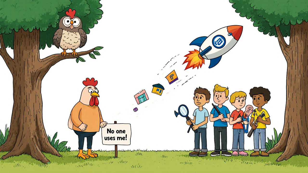 A lonely merchant and confused developers stuck in a fintech chicken-and-egg problem, watched by a wise owl.