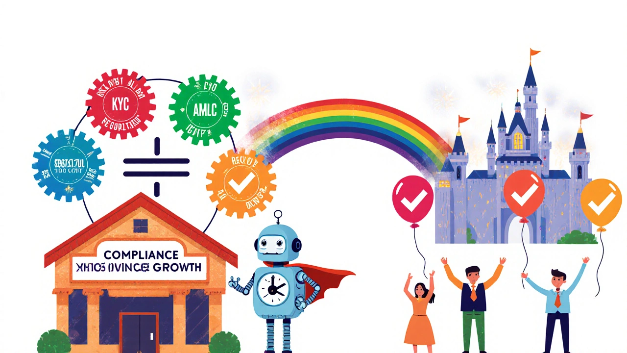 A small robot fixes a regulatory clock, building a rainbow bridge to a trust castle as customers cheer below.