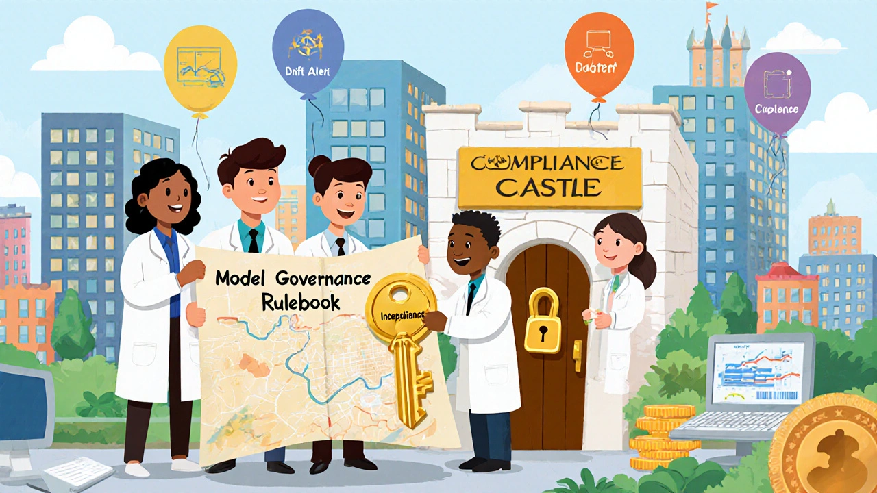 A team of characters following a governance rulebook to unlock compliance.