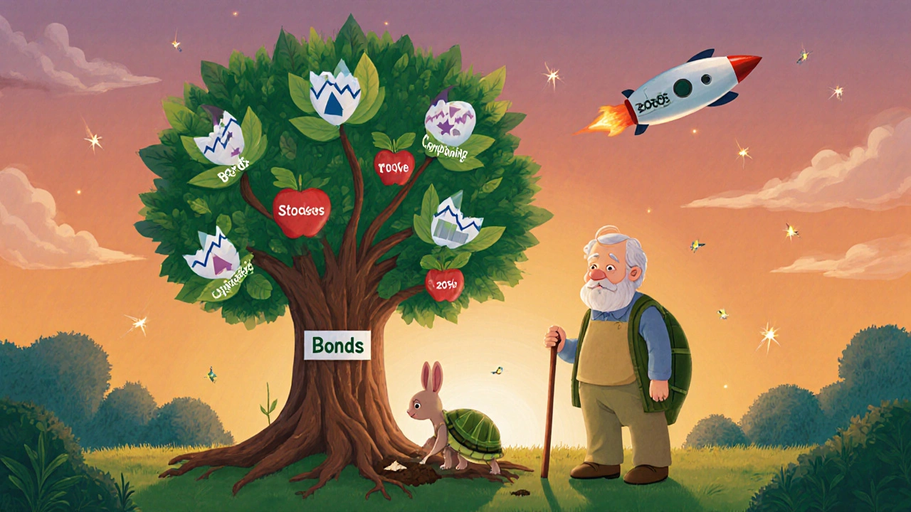 An elderly turtle beside a tree with stock and bond roots, a young rabbit planting a future seed.