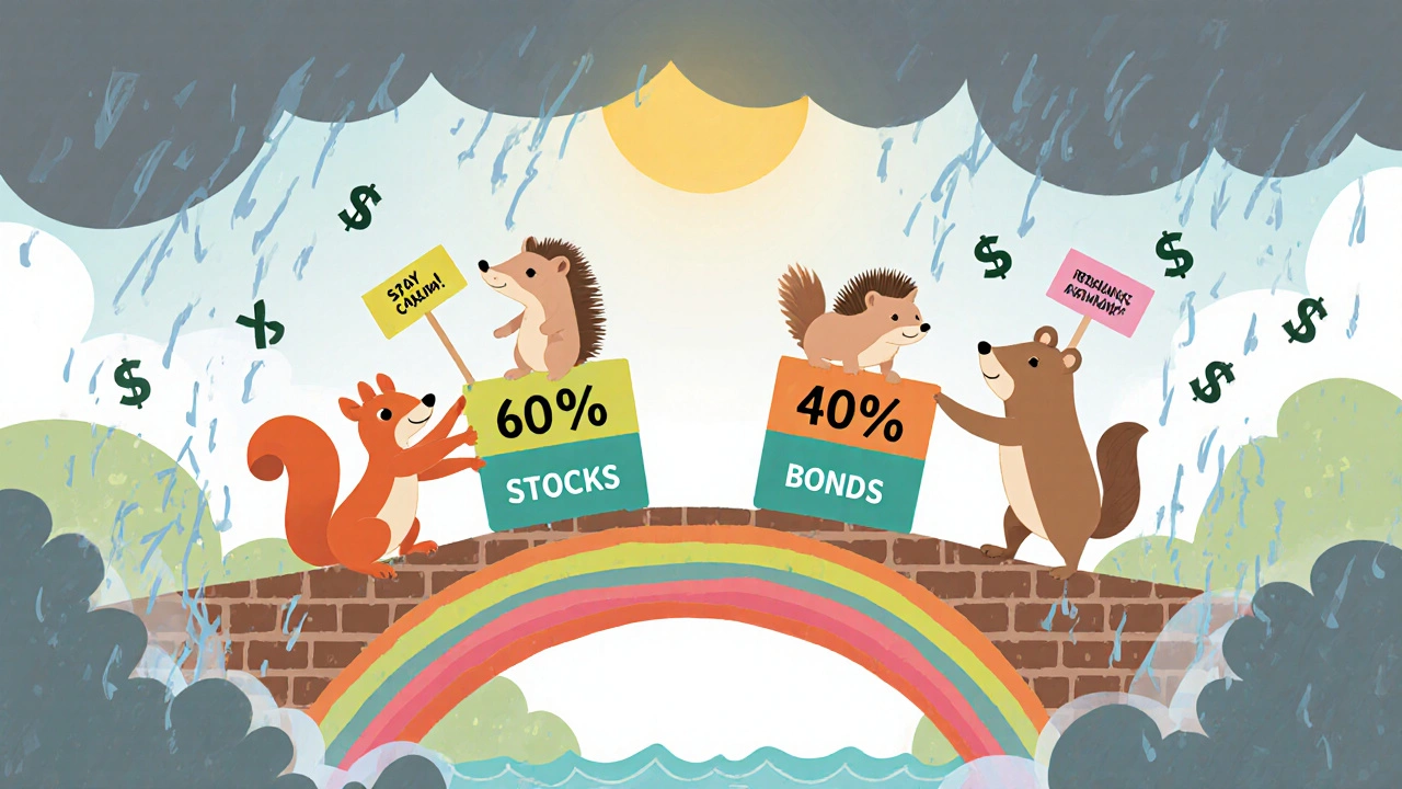Animals building a bridge of stocks and bonds blocks as a storm rages, with a rainbow above.