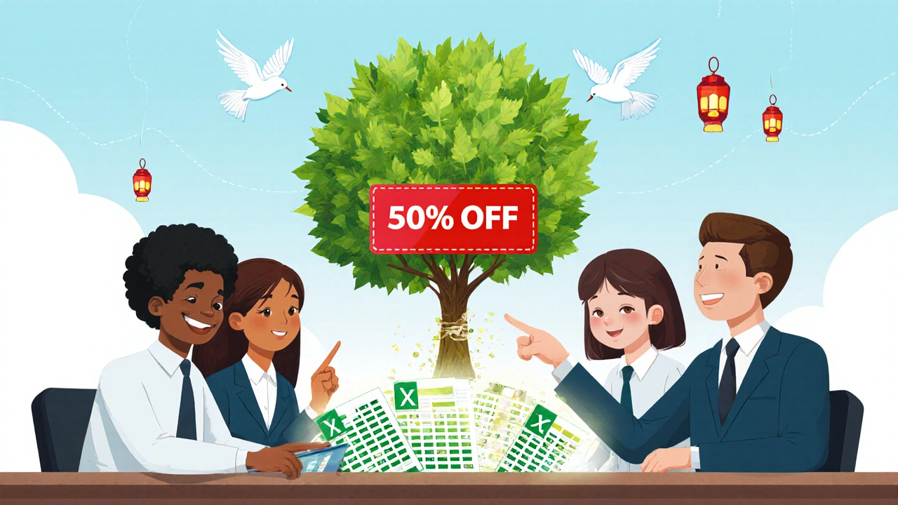 Compliance officers watch a tree grow from a tablet, with leaves representing savings and AI birds carrying risk alerts.