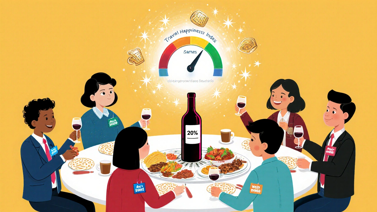 Diverse employees sharing a meal with a capped wine bottle and a glowing approval app above.