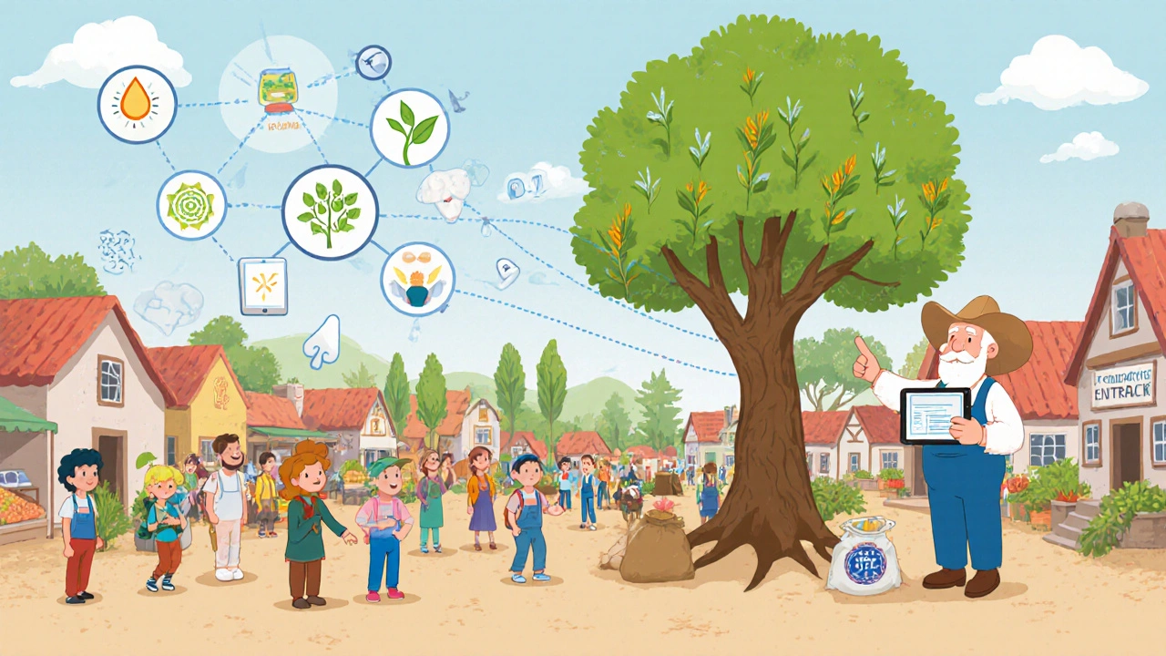 Farmers in a village market use phones to get crop help, with floating icons of rain, harvest, and trees connecting them.