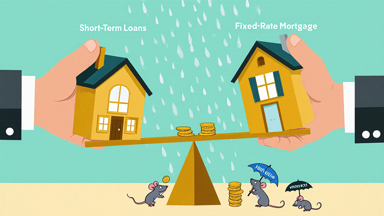 House-shaped buildings are pulled apart by loans and mortgages on a tipping seesaw.