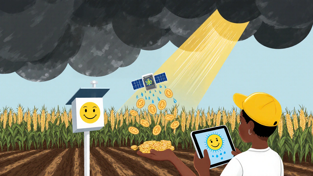 Rain coins fall from a satellite beam into a farmer’s hand during a storm, while a cheerful weather station watches.