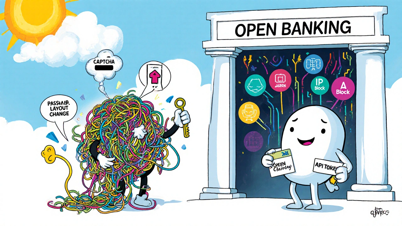 Two characters at a bank door: one struggles with messy wires, the other uses a clean token to open the door to organized data streams.