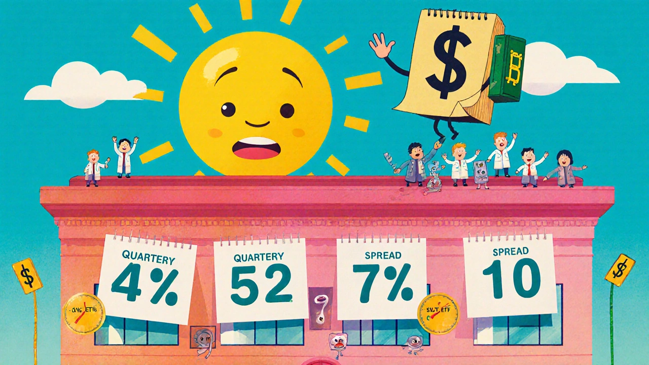 A bank building with quarterly rate updates and a floating note ETF waving from the roof.