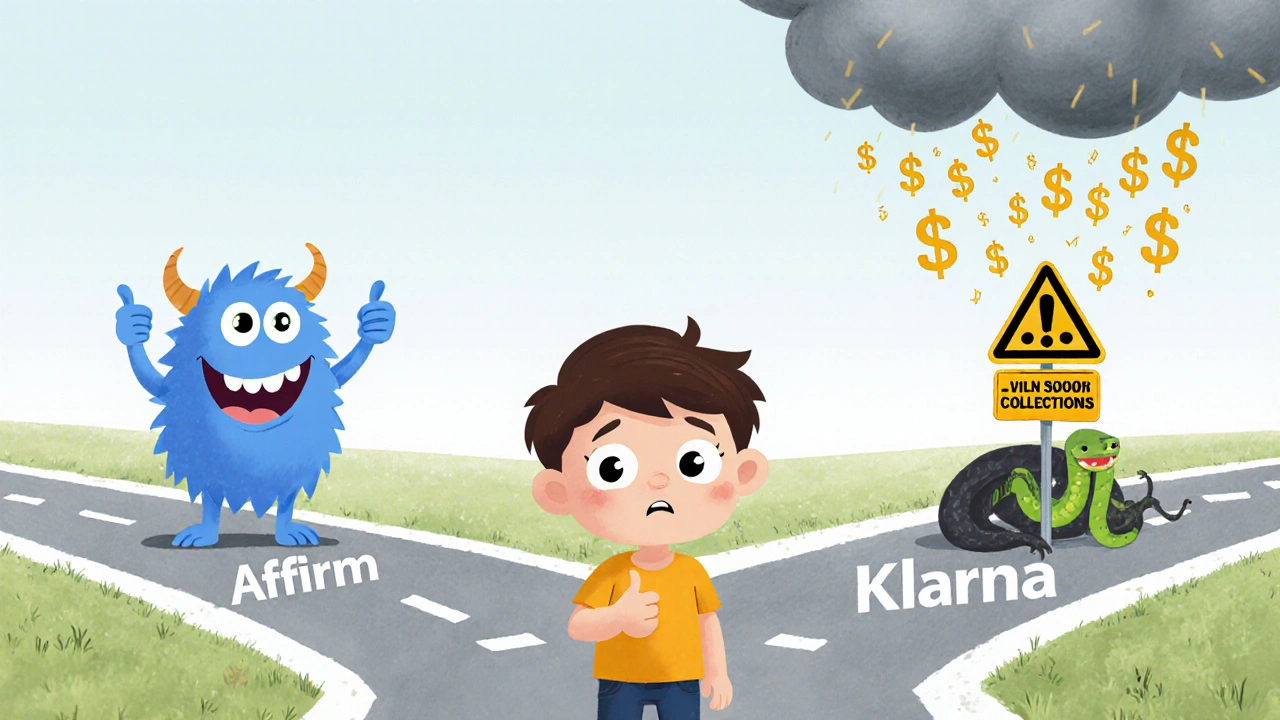 A child at a crossroads with three BNPL paths, each represented by different creatures.