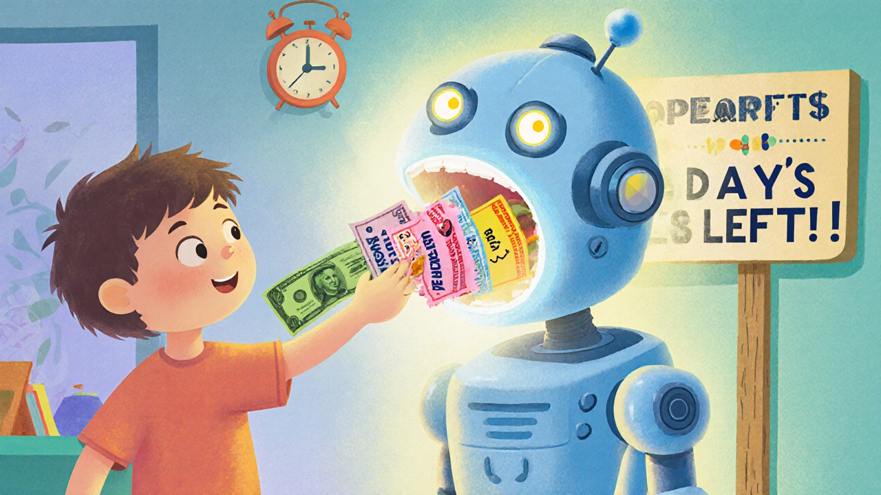 A child deposits  into a robot that spits out lottery-style bonus tickets, with a &#039;30 DAYS LEFT&#039; clock in the background.