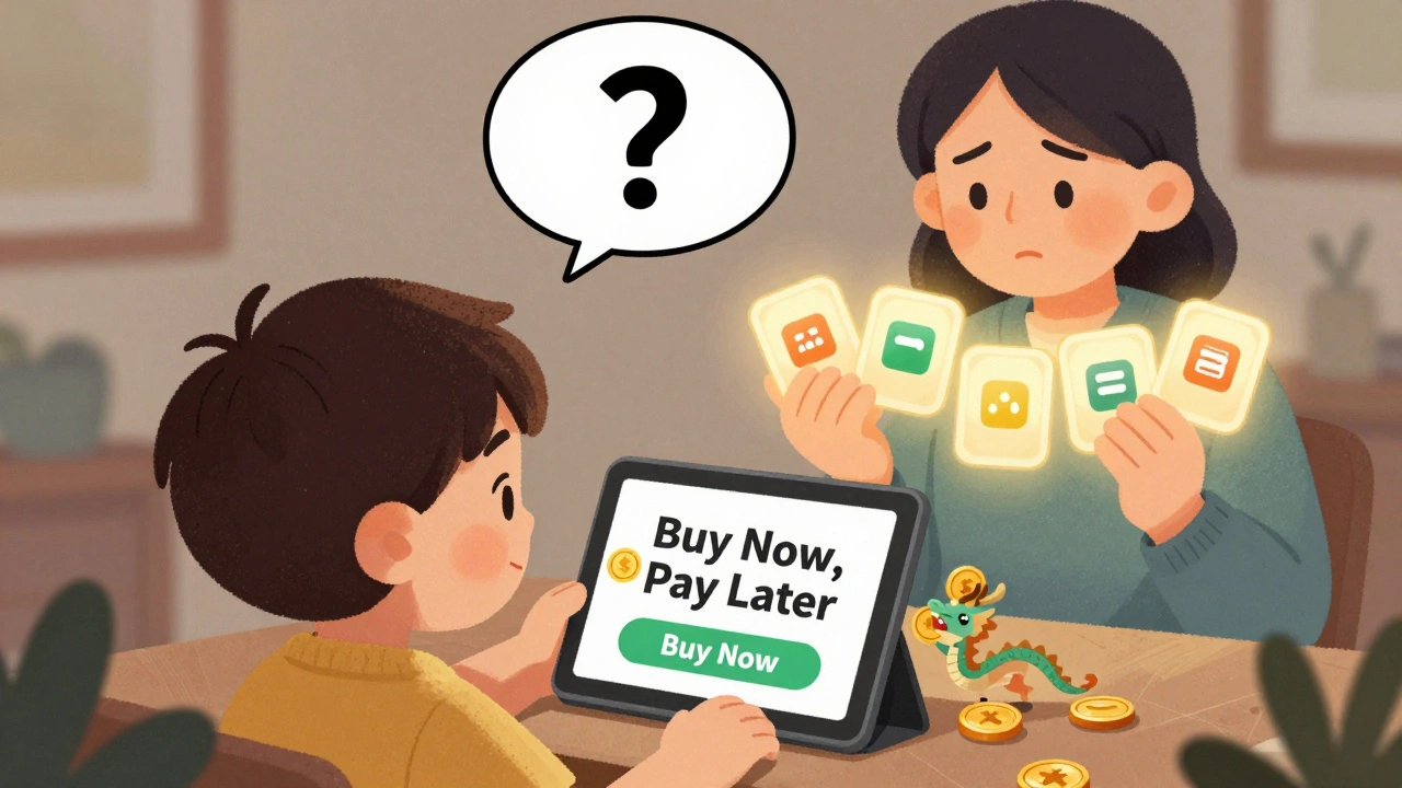 A child holds a tablet with a Buy Now, Pay Later button shaped like a dragon, while hidden loan tokens float behind.
