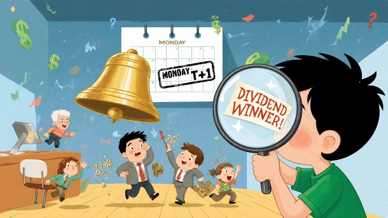 A child uses a magnifying glass to watch investors race to buy stocks before a dividend bell rings on a T+1 calendar.